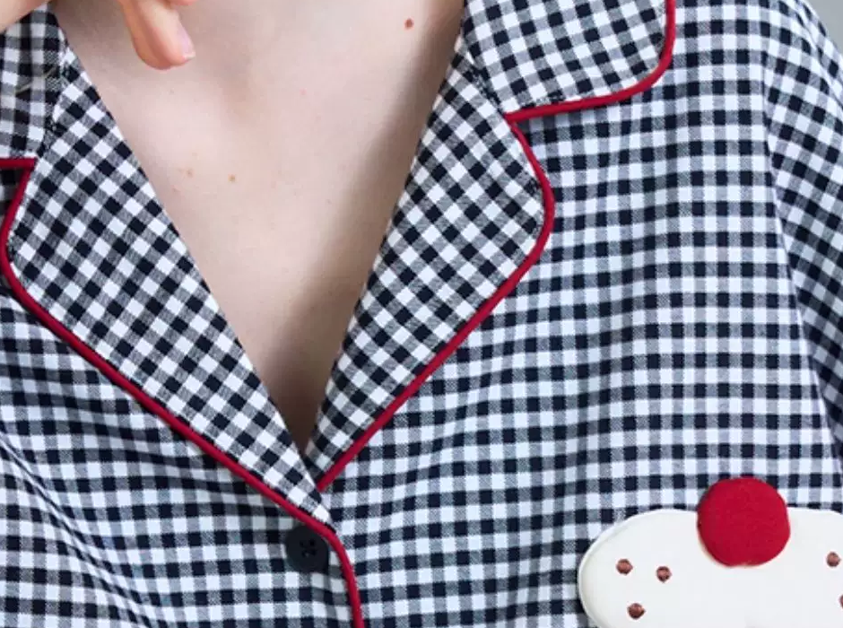 Gingham Cotton Pajama Set – black-and-white checks, notched collar detail - Roomden