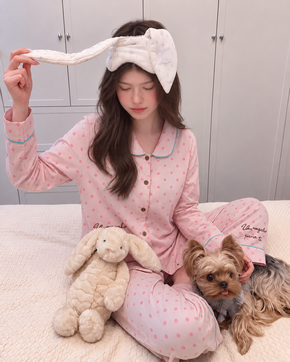 Seated front view of pink polka dot pajama top and pants