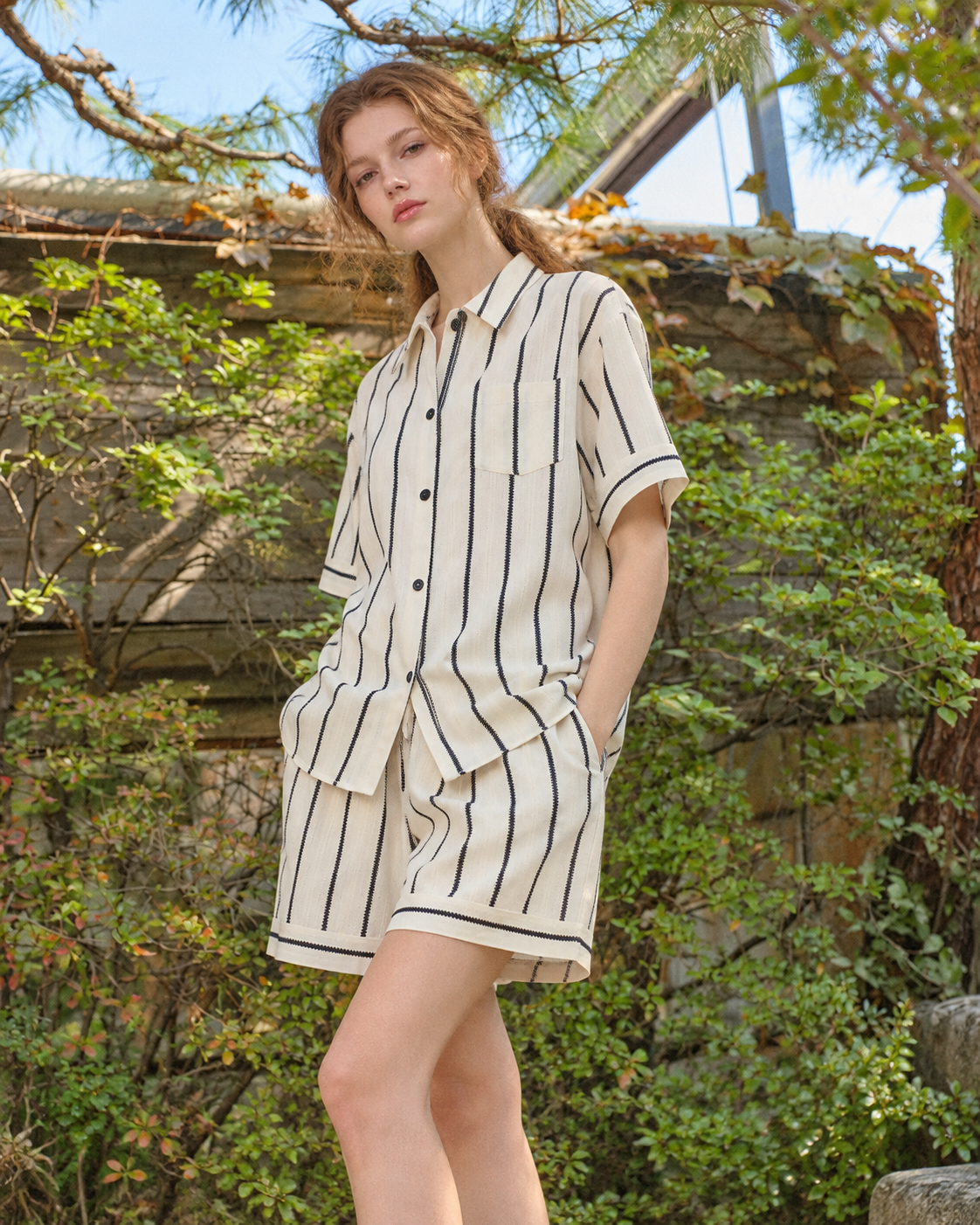 Slateway striped short pajama set in black & white, additional lifestyle view - Roomden