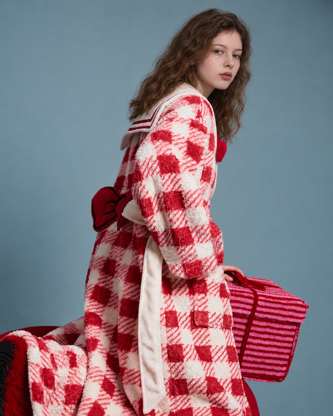Red-and-White Plaid Fleece Robe – side and back view with striped collar - Roomden