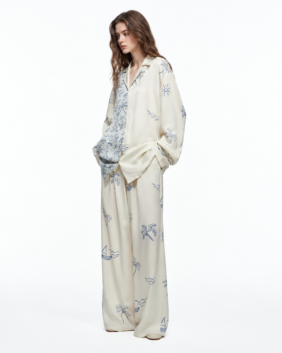 Inkshore asymmetric coastal-print viscose pajama set in Apricot Cream, side-front view - Roomden