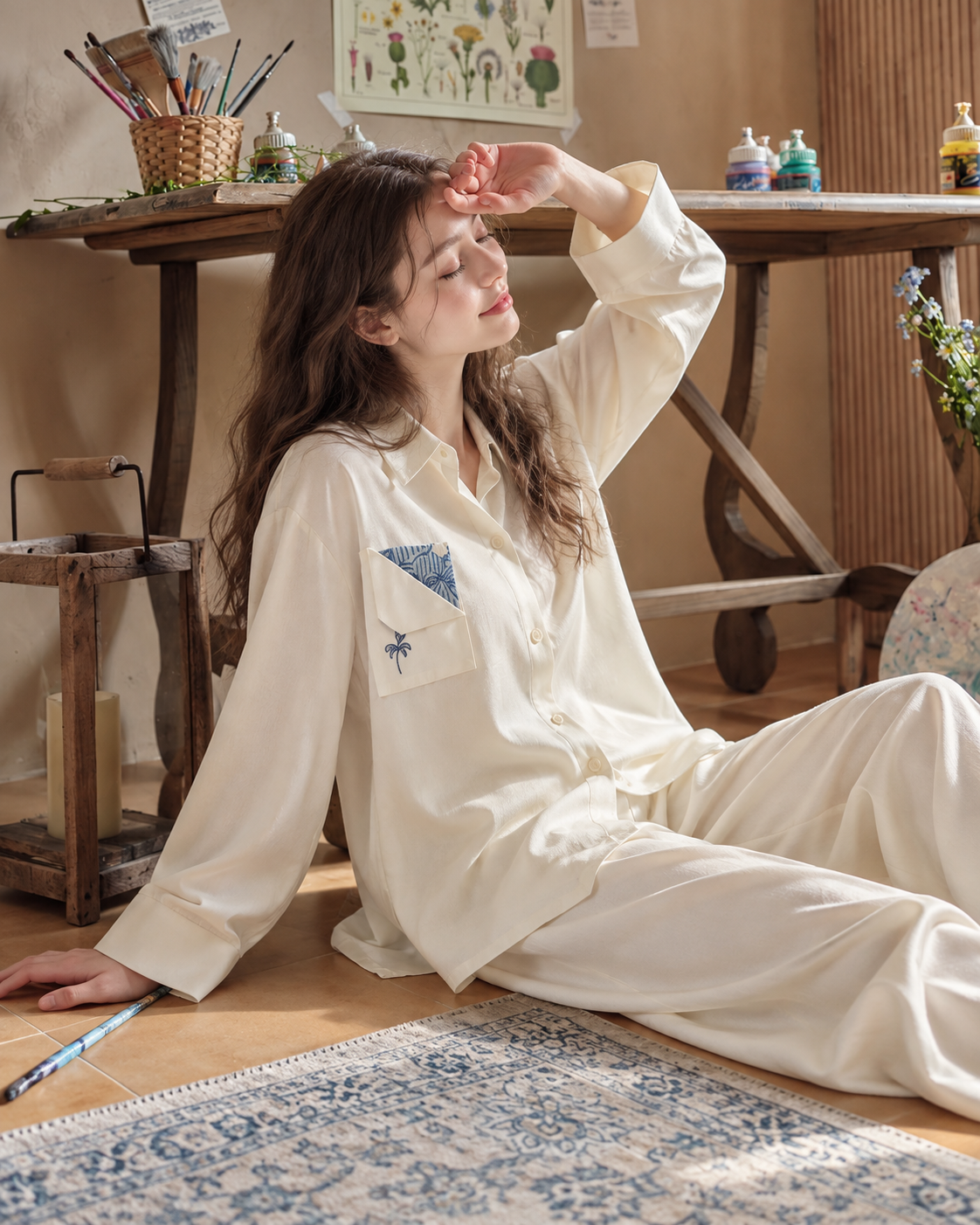 Inkshore botanical-pocket viscose pajama set in Milky White, seated on the floor beside an artist worktable - Roomden
