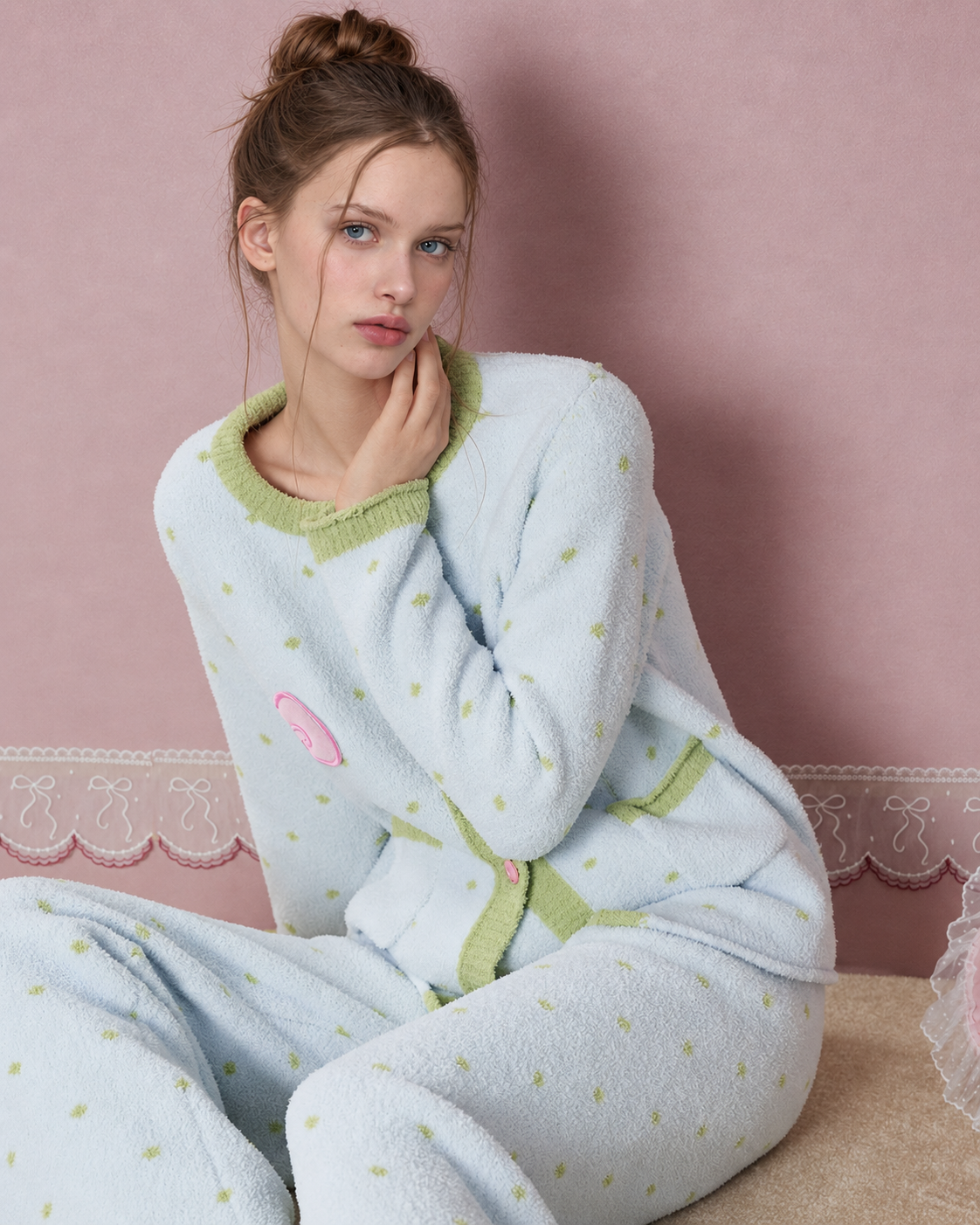 Bow Detail Plush Pajama Set – ice-blue seated close view of round neckline and sleeve - Roomden