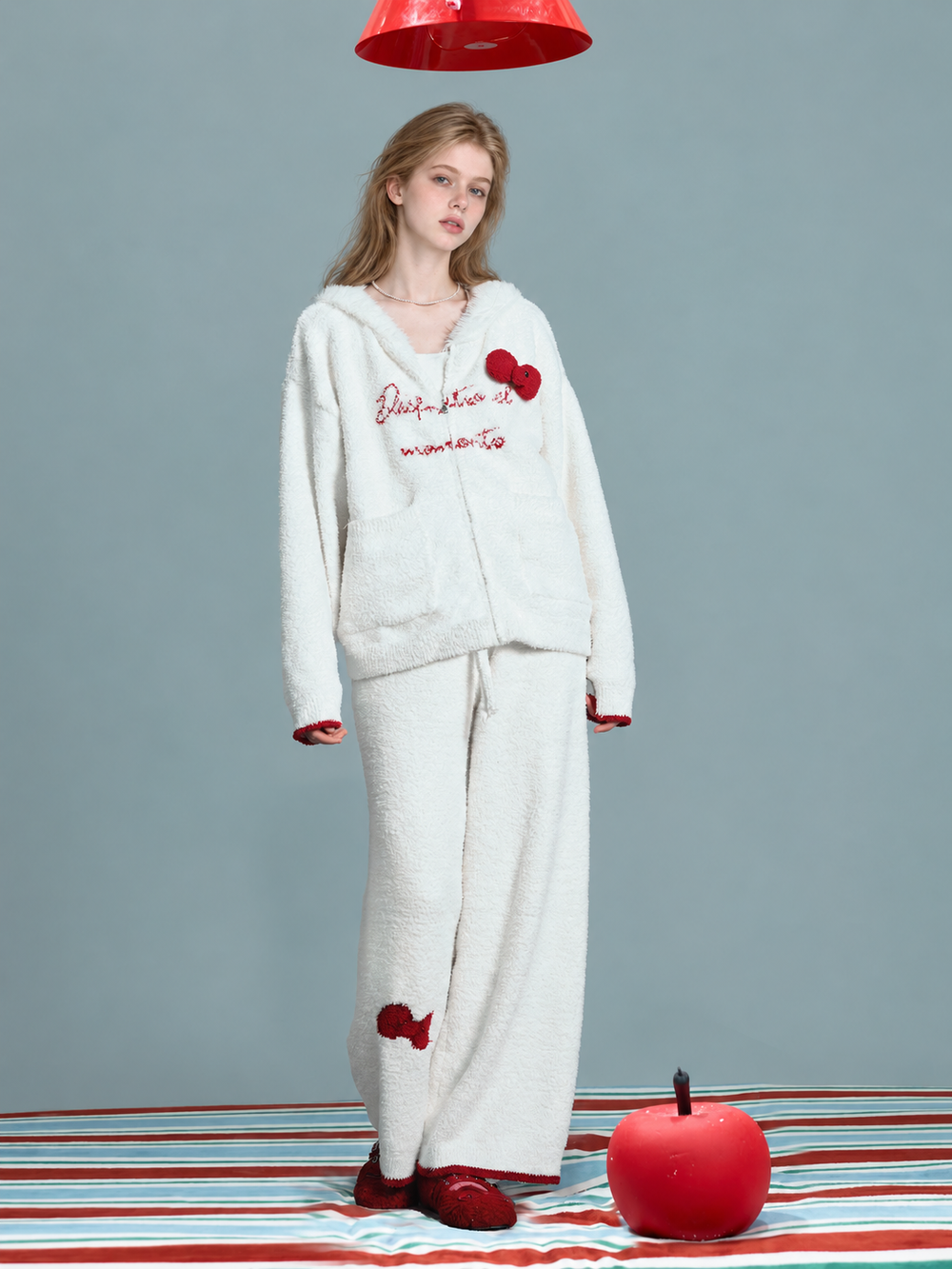 Red Bow Plush Pajama Set – ivory front view with red bow and contrast hems - Roomden