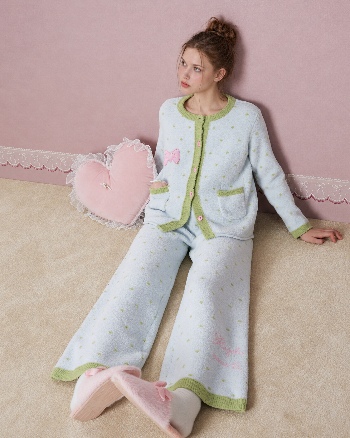 Bow Detail Plush Pajama Set – ice-blue floor-seated full-length view with printed pant hem - Roomden