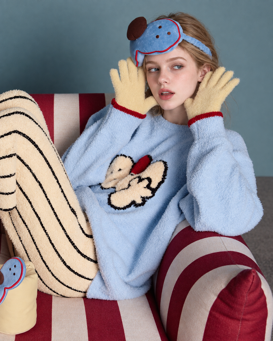 Cat Motif Plush Pajama Set – cat motif and plush texture in a seated close view - Roomden