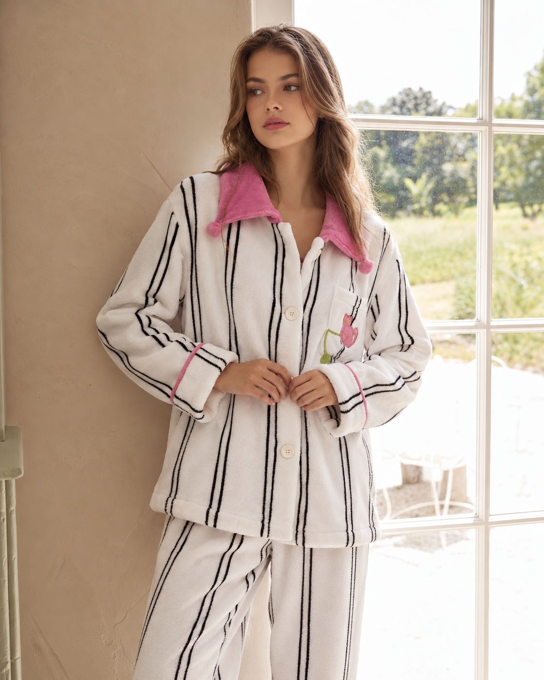 Pink-Collar Striped Fleece Pajama Set – button-front shirt view by a window – Roomden