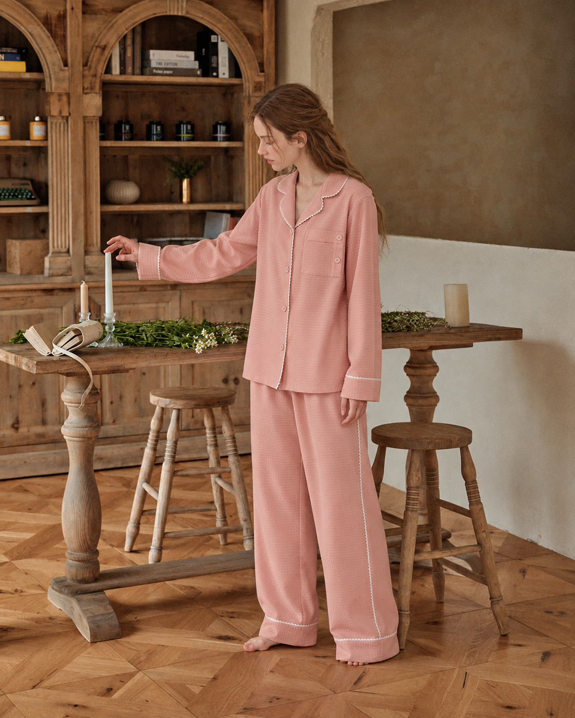 Picot-Trim Textured Long-Sleeve Pajama Set – pink lifestyle view - Roomden