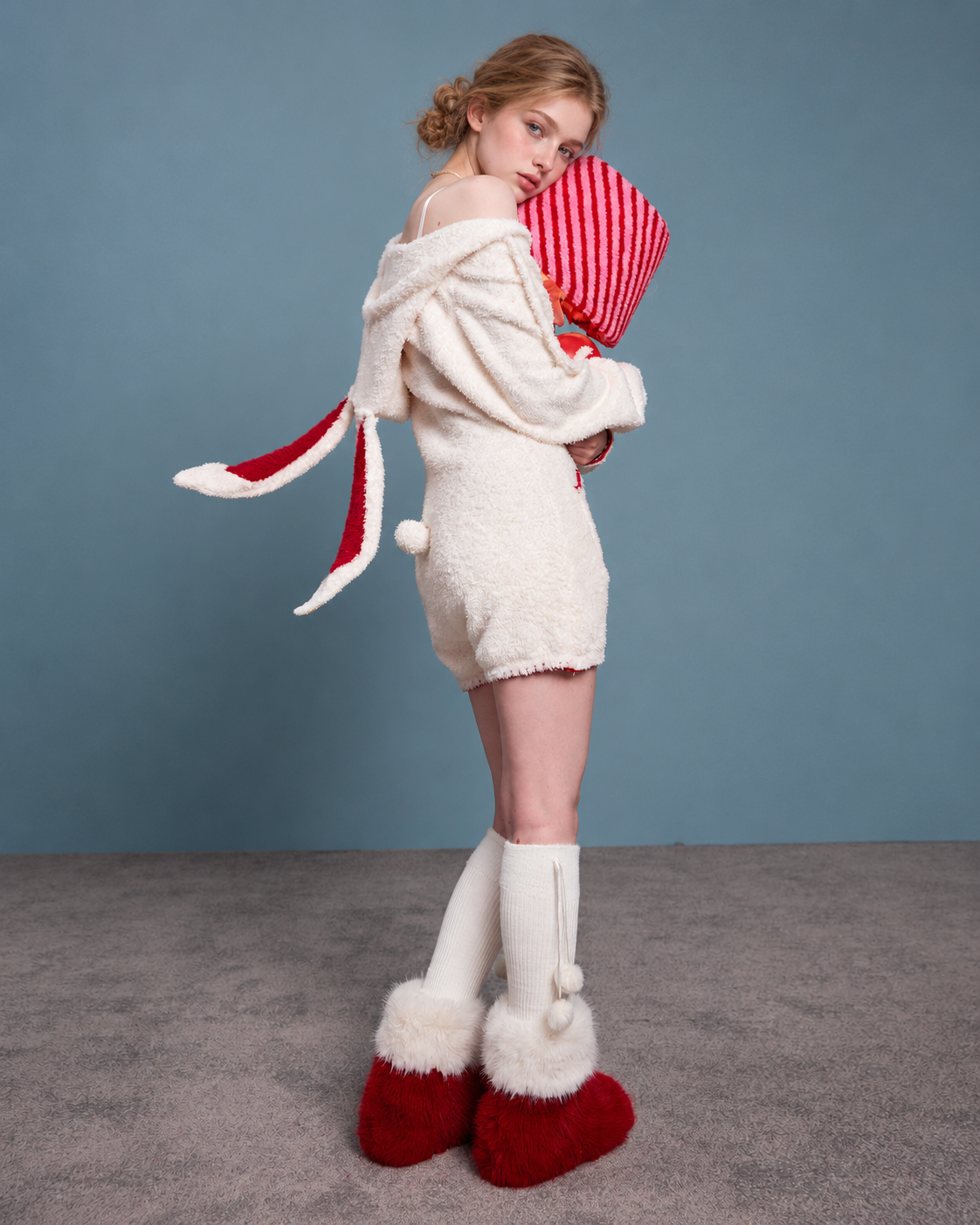 Rabbit-Ear Fleece Onesie – cream rear three-quarter view - Roomden