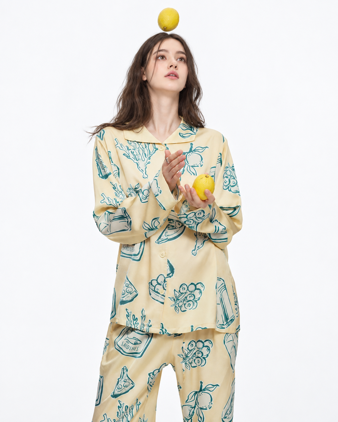 Food Sketch Viscose-Rayon Pajama Set – tossing lemons in the studio - Roomden