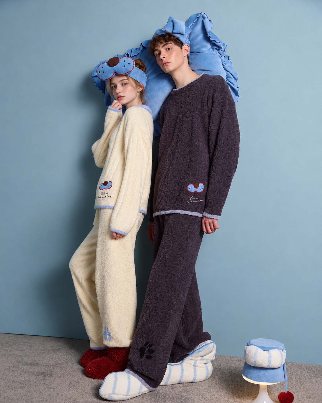Cat Motif Fleece Pajama Set - side view beside a blue cushion - Roomden