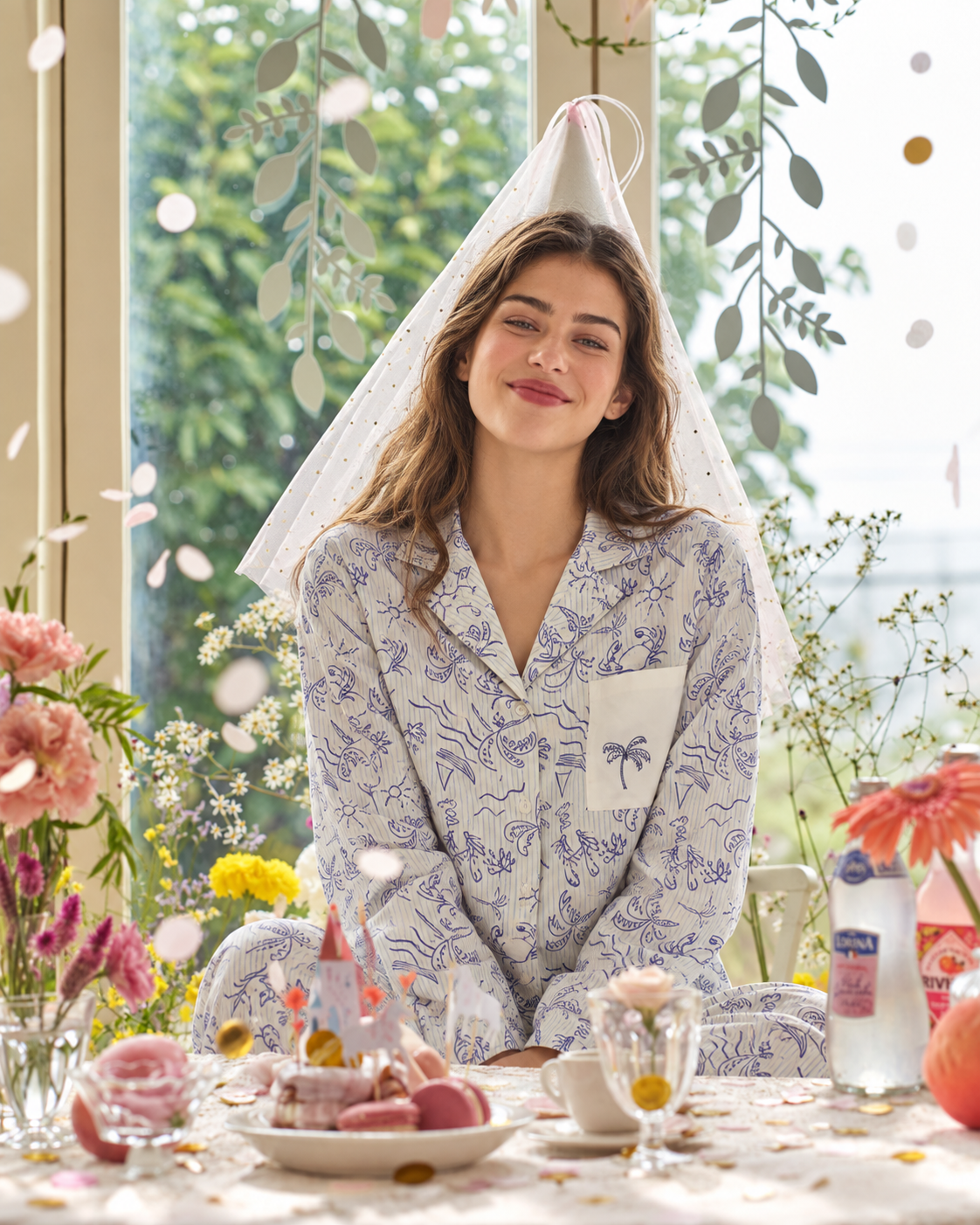 Inkshore coastal-print long pajama set in palm line, additional lifestyle view - Roomden
