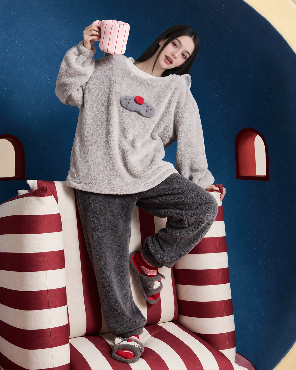 Cat-Ear Fleece Pajama Set – full-length gray set with one leg raised - Roomden
