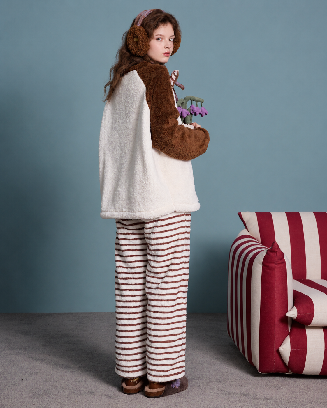 Horse-Ear Flannel Pajama Set – back view of the plush top and striped pants - Roomden