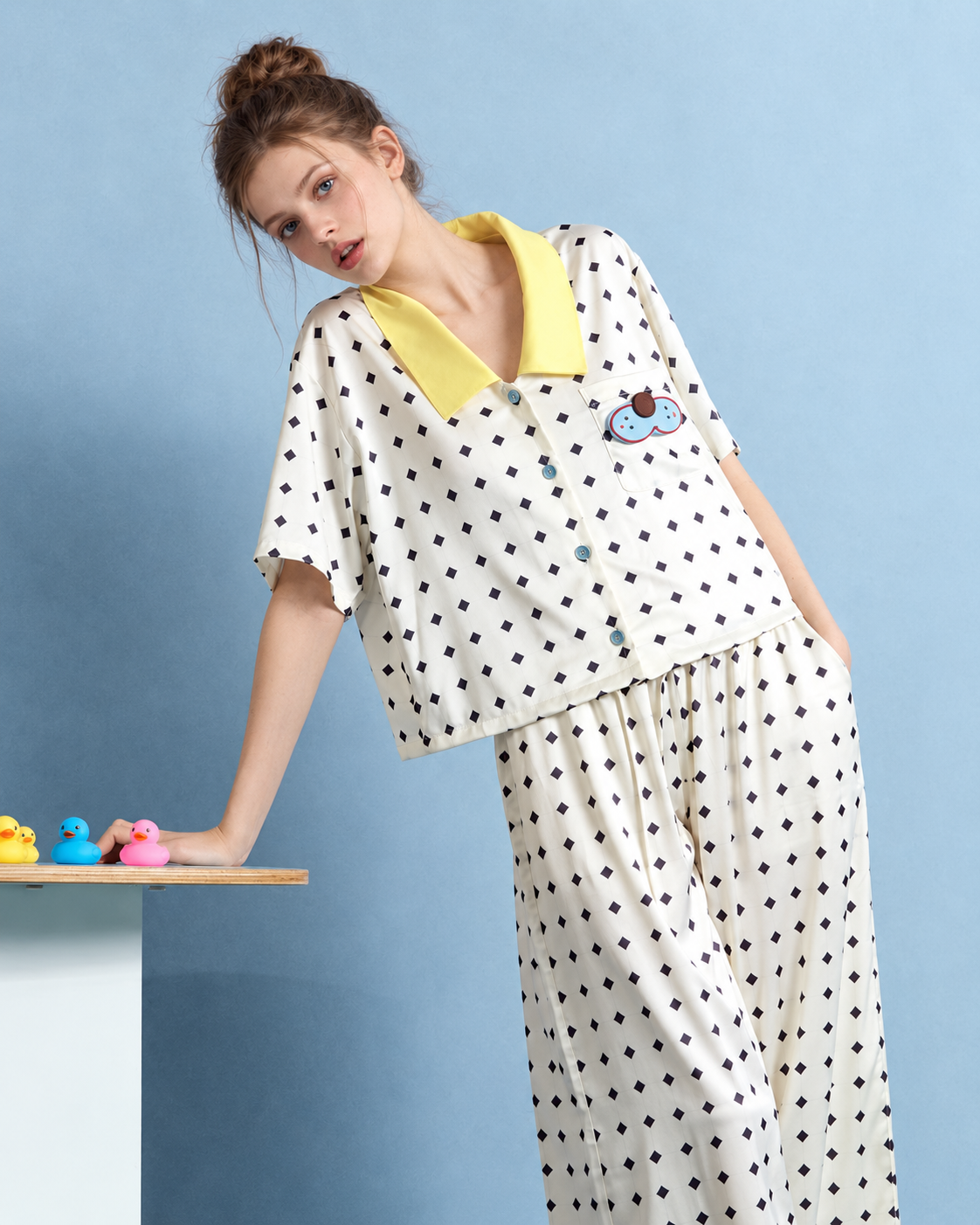 Lemonpause Short-Sleeve Pajama Set – ivory leaning pose showing the shirt silhouette - Roomden