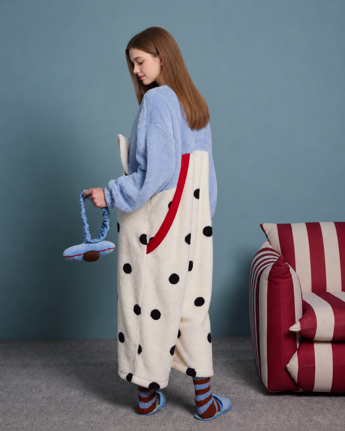 Cat Face Polka Dot Plush Onesie – blue and cream, side and back view - Roomden