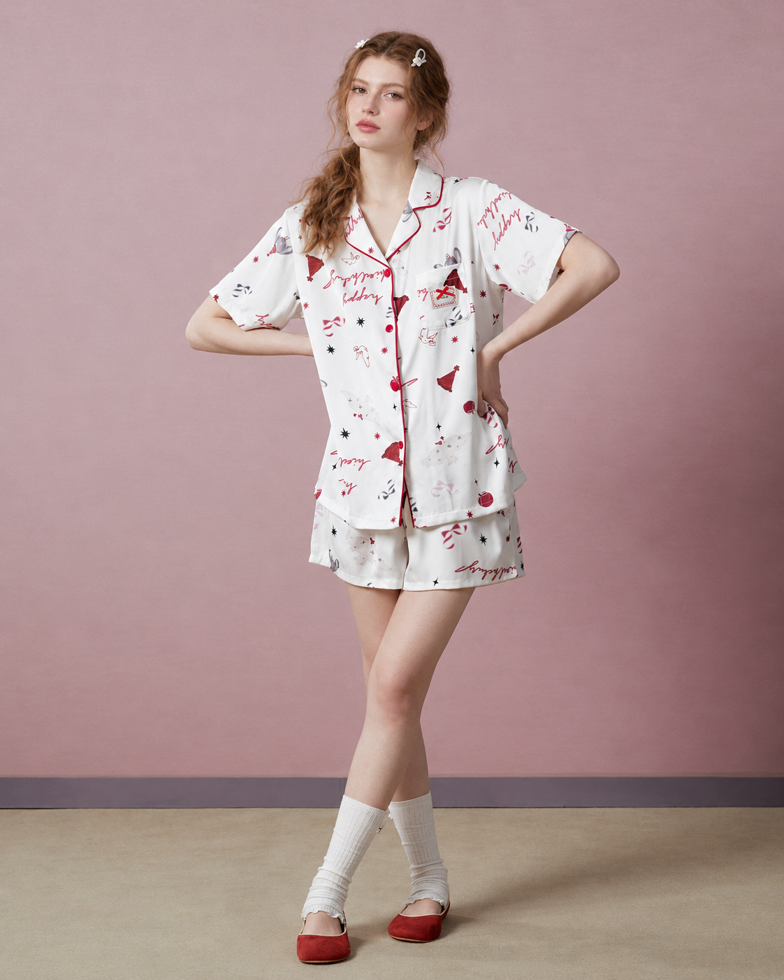 Gift Print Satin Short Pajama Set – white and red print, crossed-leg standing view - Roomden