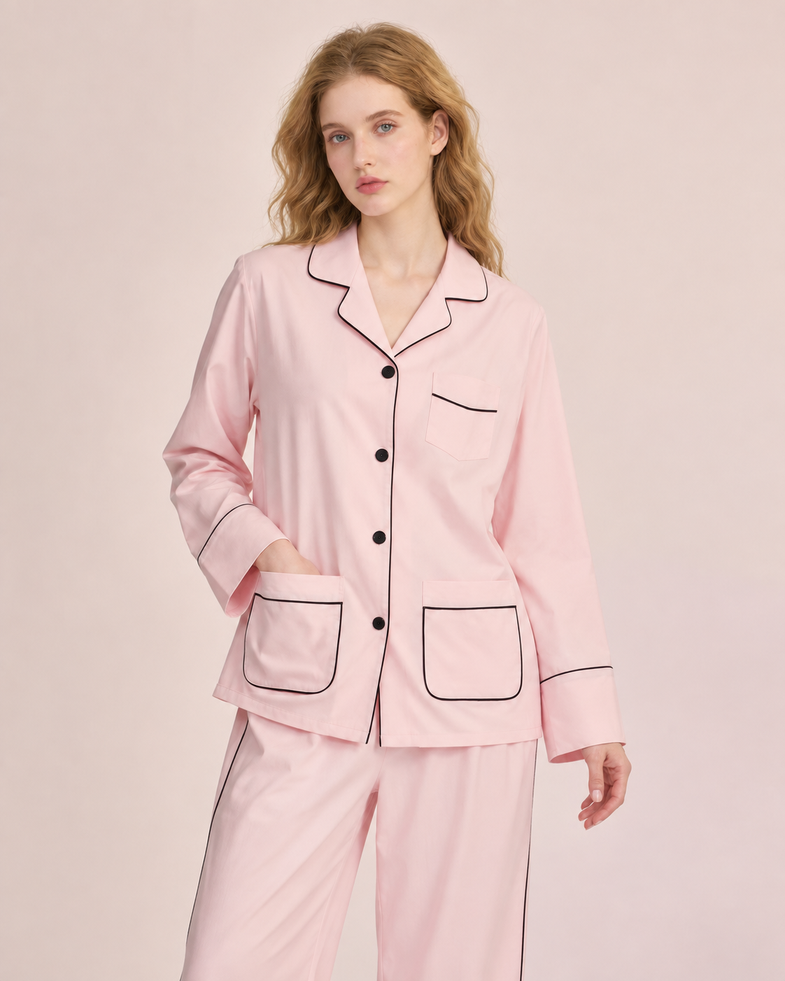 Linehaven contrast-piped long pajama set in pink, additional studio portrait - Roomden