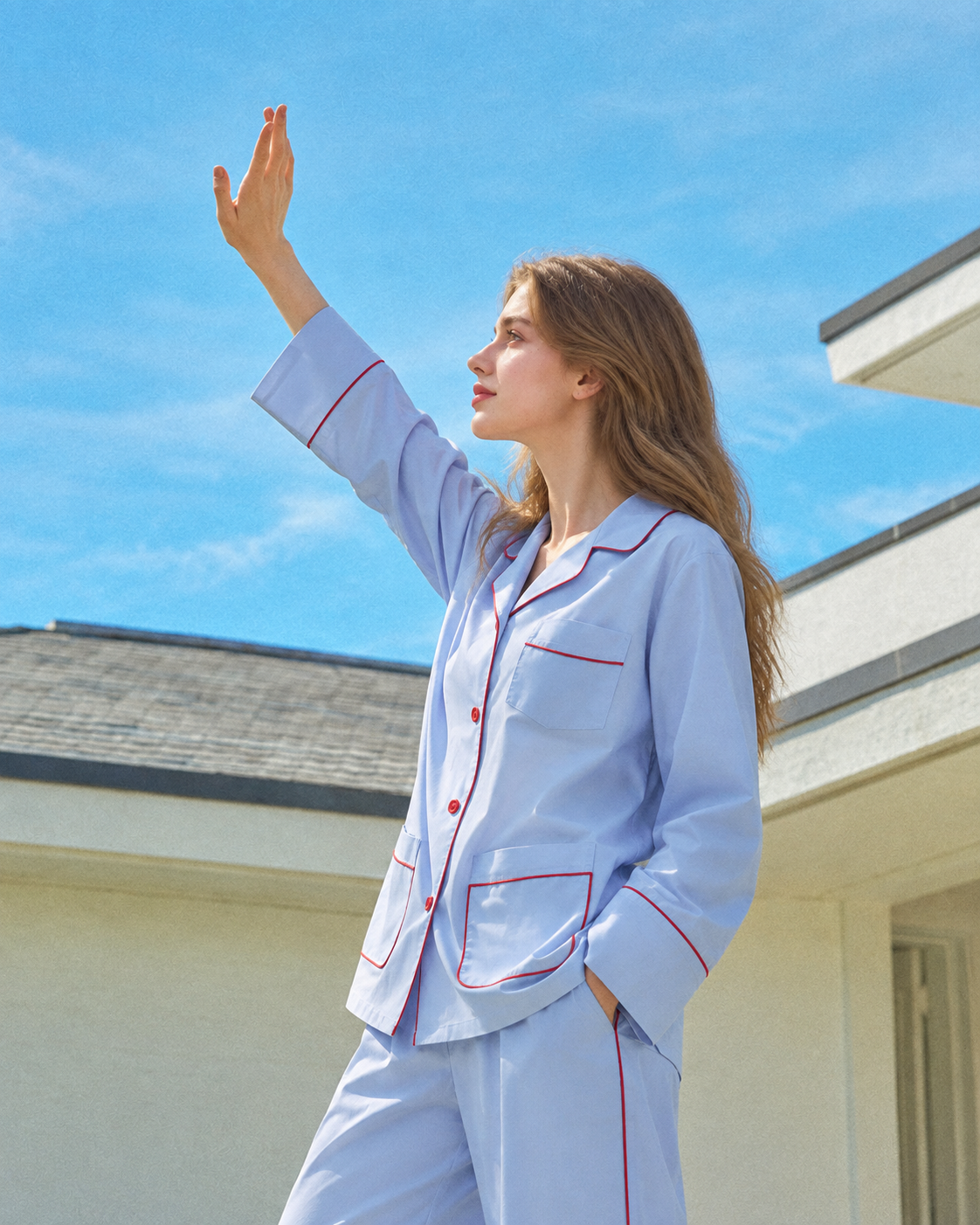 Linehaven contrast-piped long pajama set in blue, additional lifestyle view - Roomden