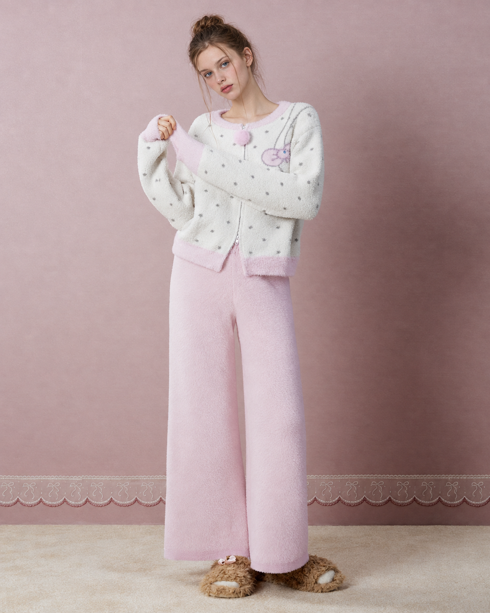 Pom-Pom Zip Fleece Pajama Set – front standing view - Roomden