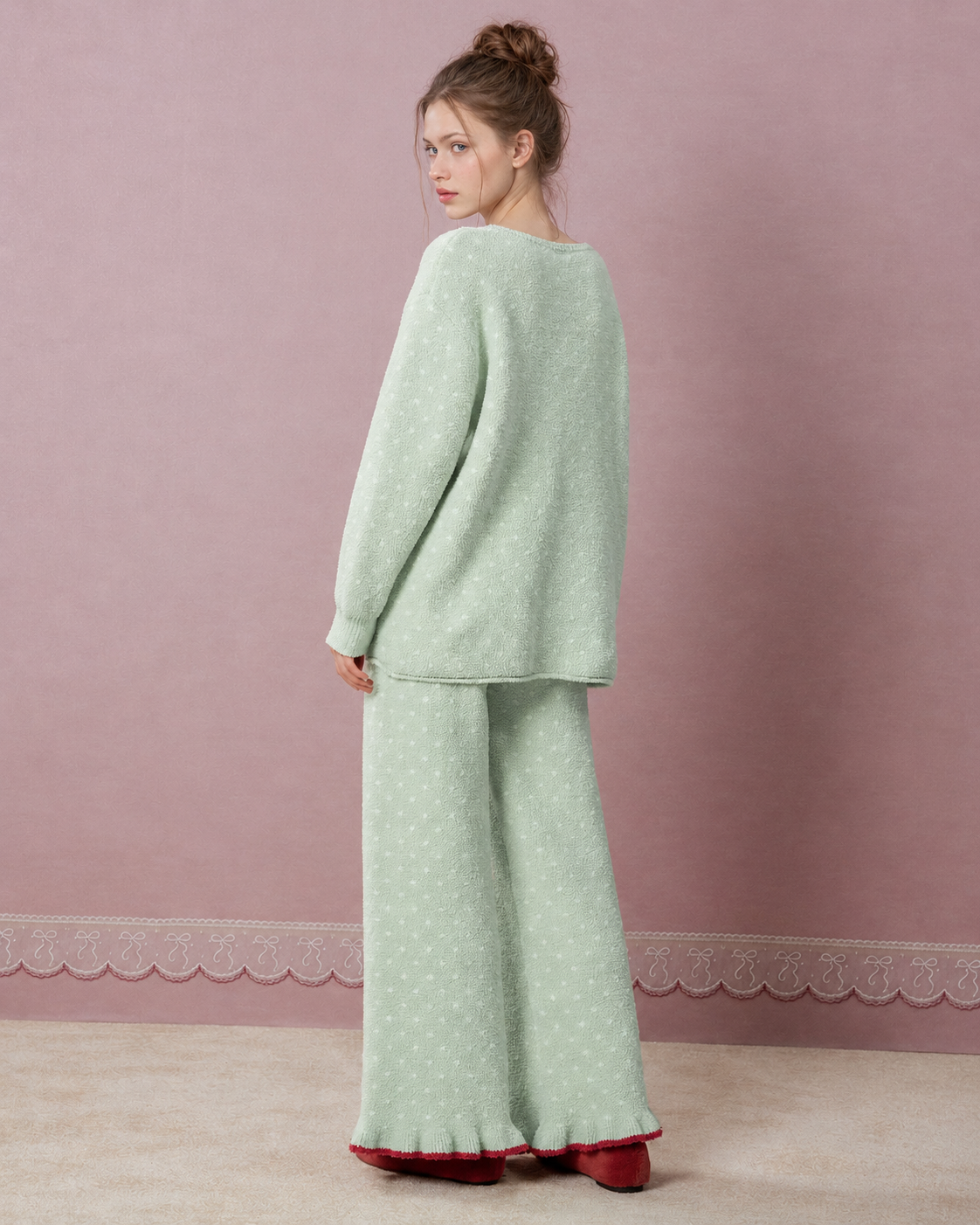 Bow and Heart Fleece Pajama Set – Apple green back view with wide-leg pants - Roomden
