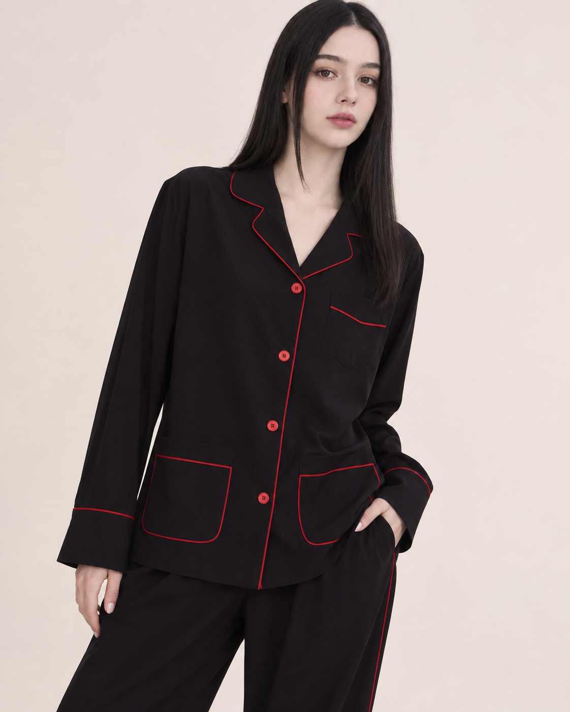 Linehaven contrast-piped long pajama set in black, additional studio portrait - Roomden