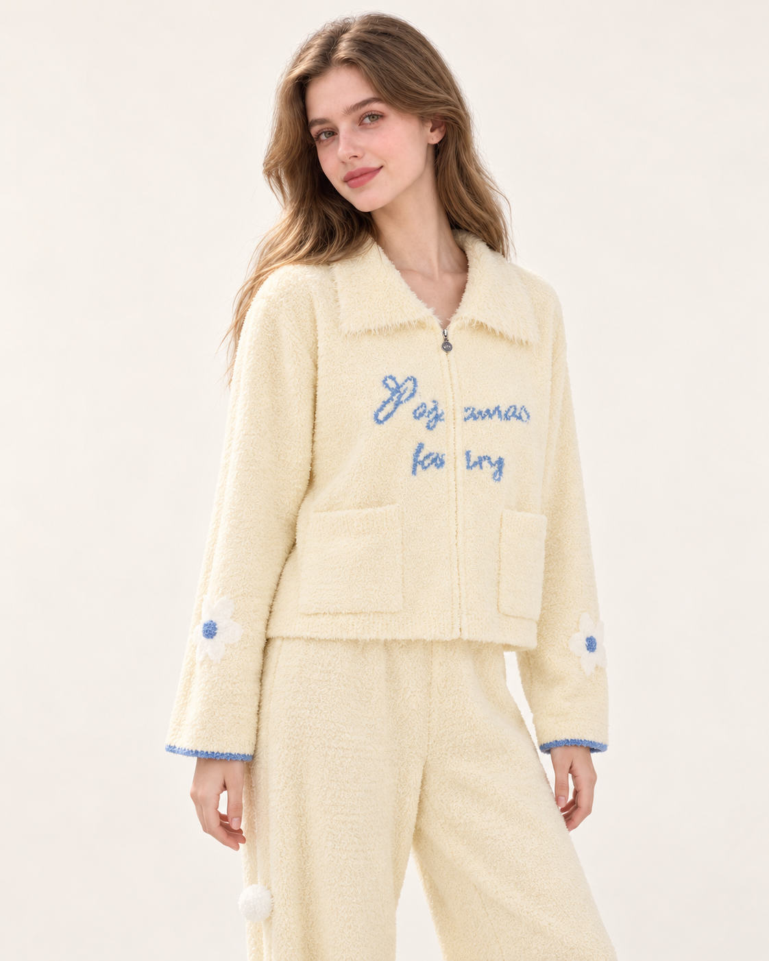 Contrast Lettering Plush Zip-Up Pajama Set – Butter yellow three-quarter close view of floral sleeves - Roomden