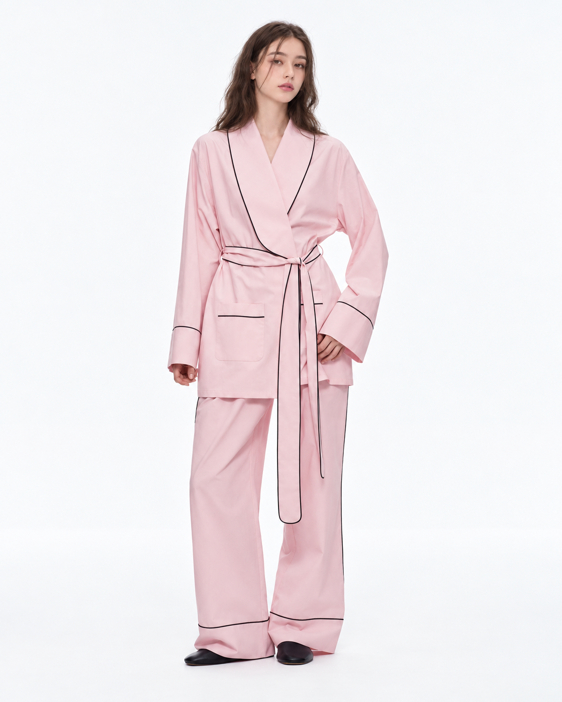 Linehaven wrap pajama set – Sakura Pink, front view in the studio - Roomden
