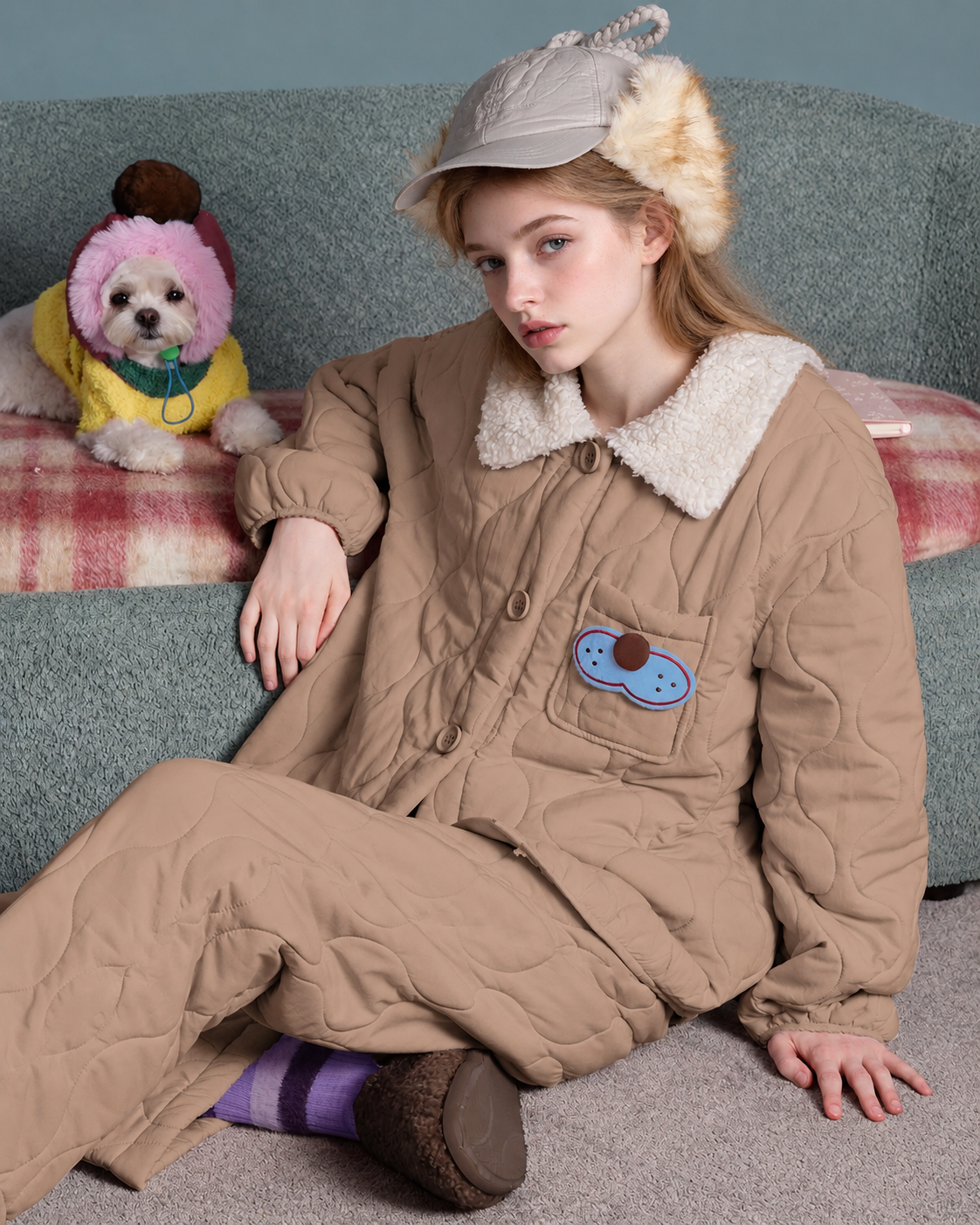 Cat Embroidery Quilted Pajama Set – khaki seated on the floor beside a sofa - Roomden