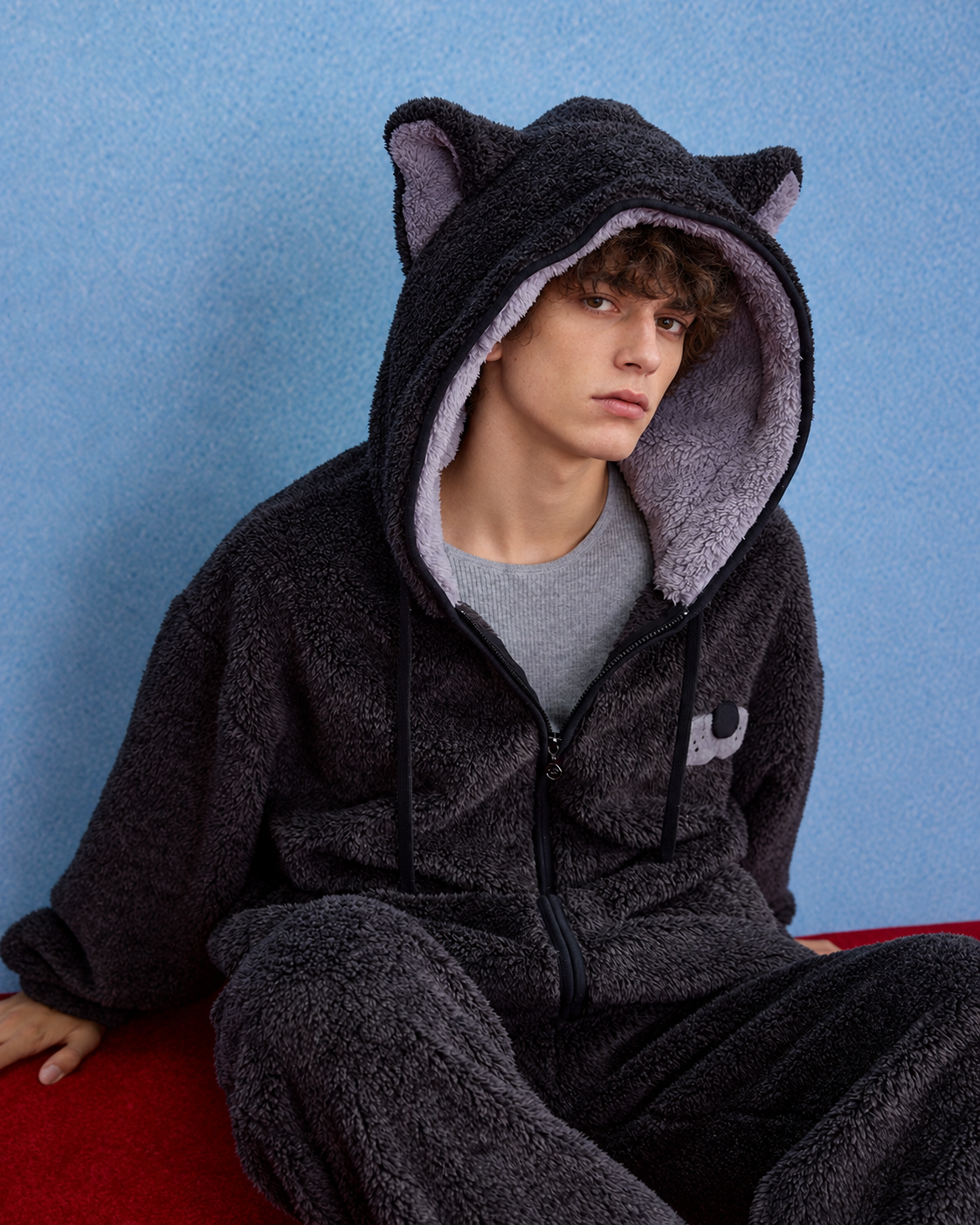 Men's Cat-Ear Hooded Fleece Pajama Set – dark gray side-seated view - Roomden