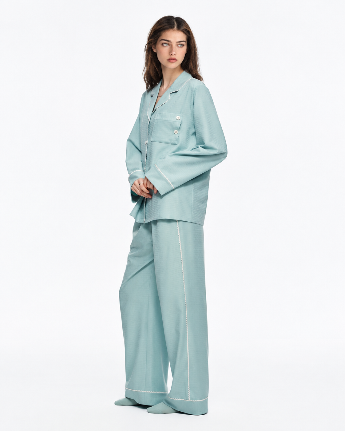 Picot-Trim Textured Long-Sleeve Pajama Set – green on-model view - Roomden
