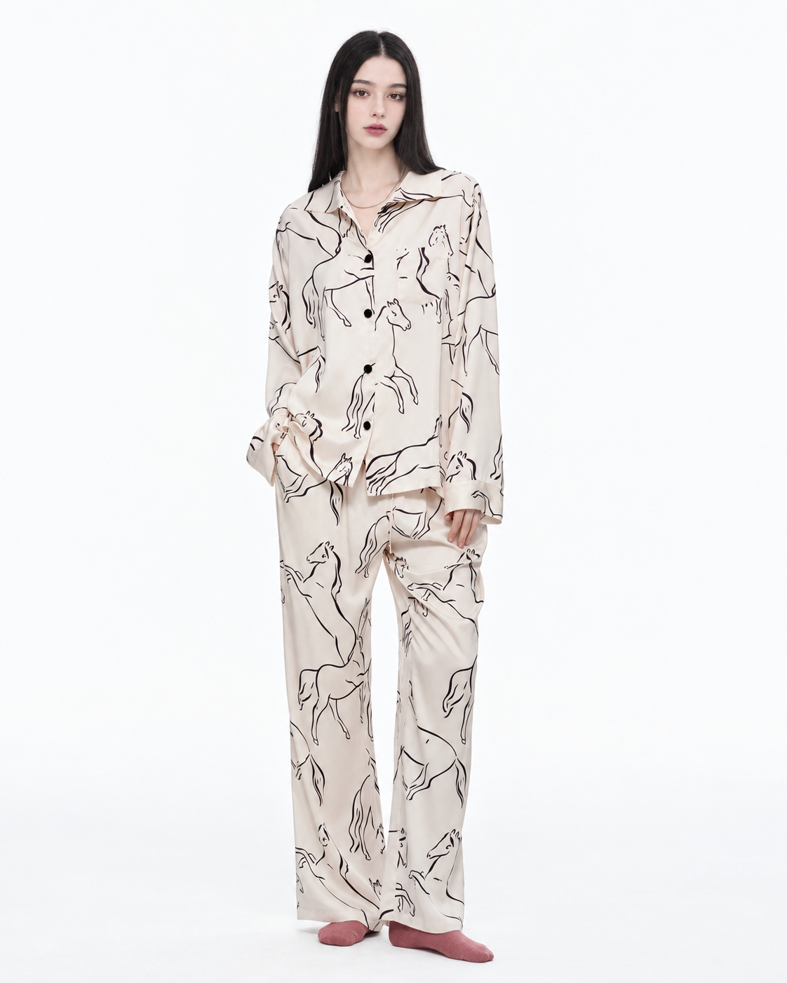 Horse Sketch Viscose-Rayon Pajama Set – Cream horse print, front studio view - Roomden