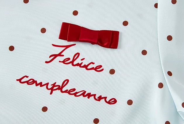 Polka dot short pajama set – red bow and script detail on light blue fabric - Roomden