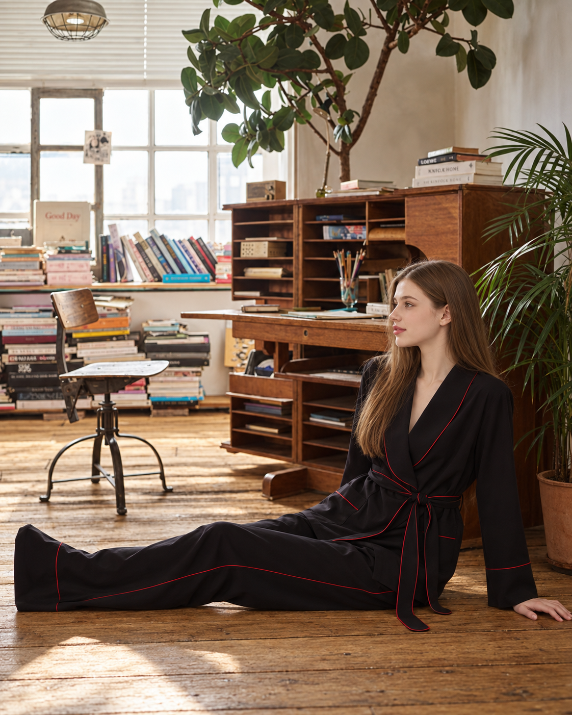 Linehaven wrap pajama set – Classic Black, seated on a wooden floor beside books - Roomden
