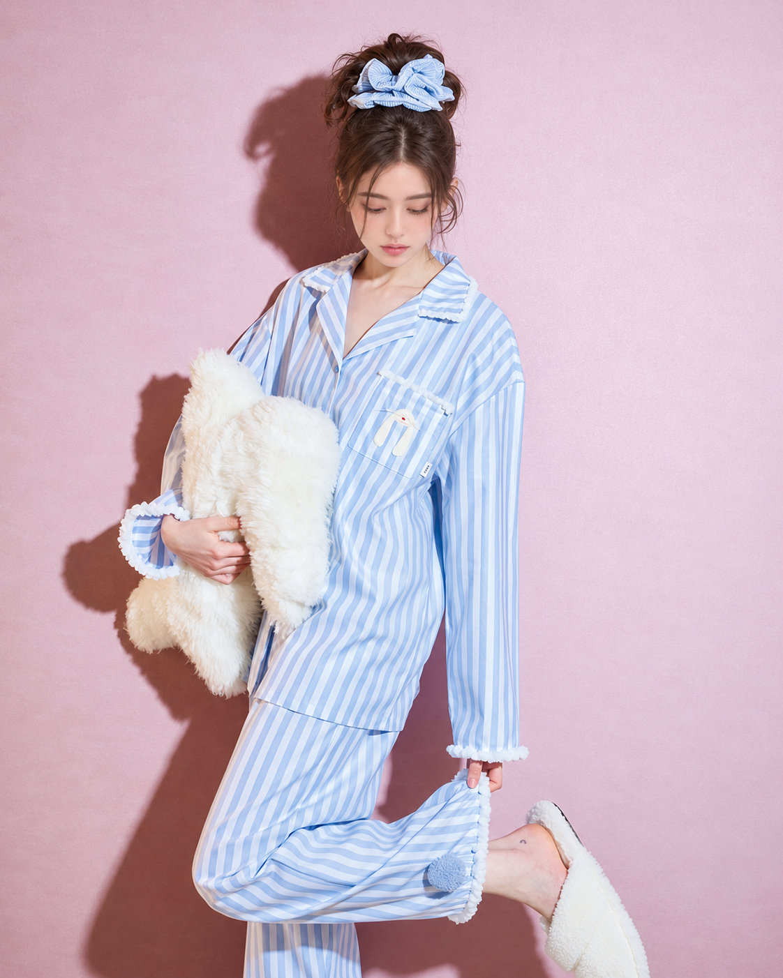 Blue Stripe Bunny Pocket Cotton Pajama Set – angled standing view with bent knee - Roomden