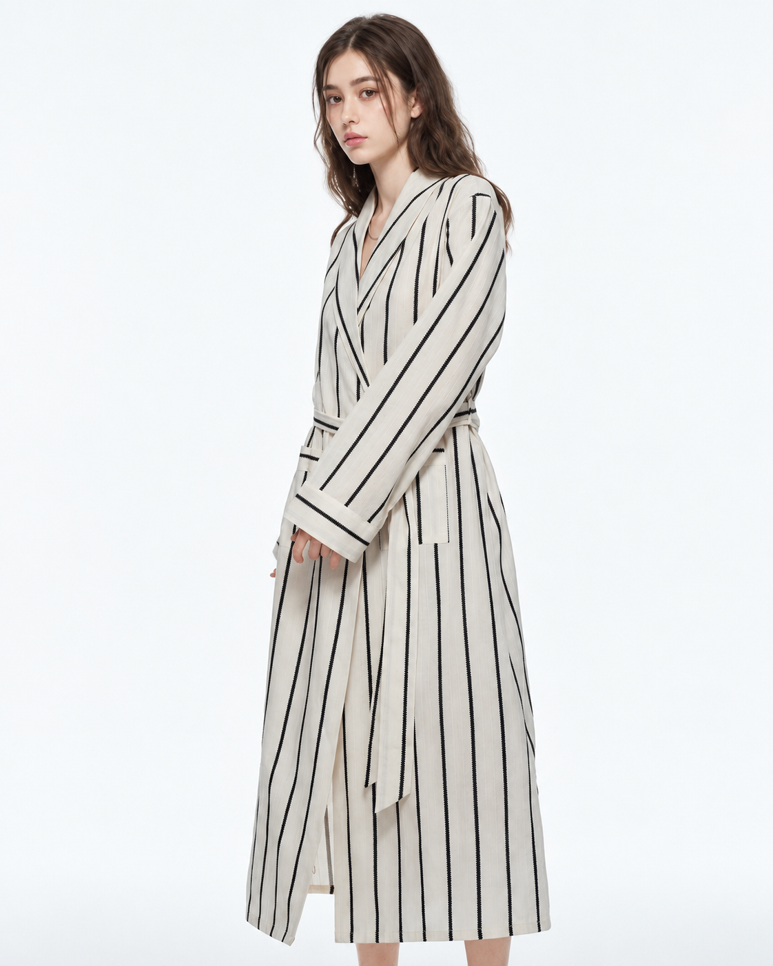 Slateway Fine-Stripe Cotton Wrap Robe – black studio 6 - Roomden