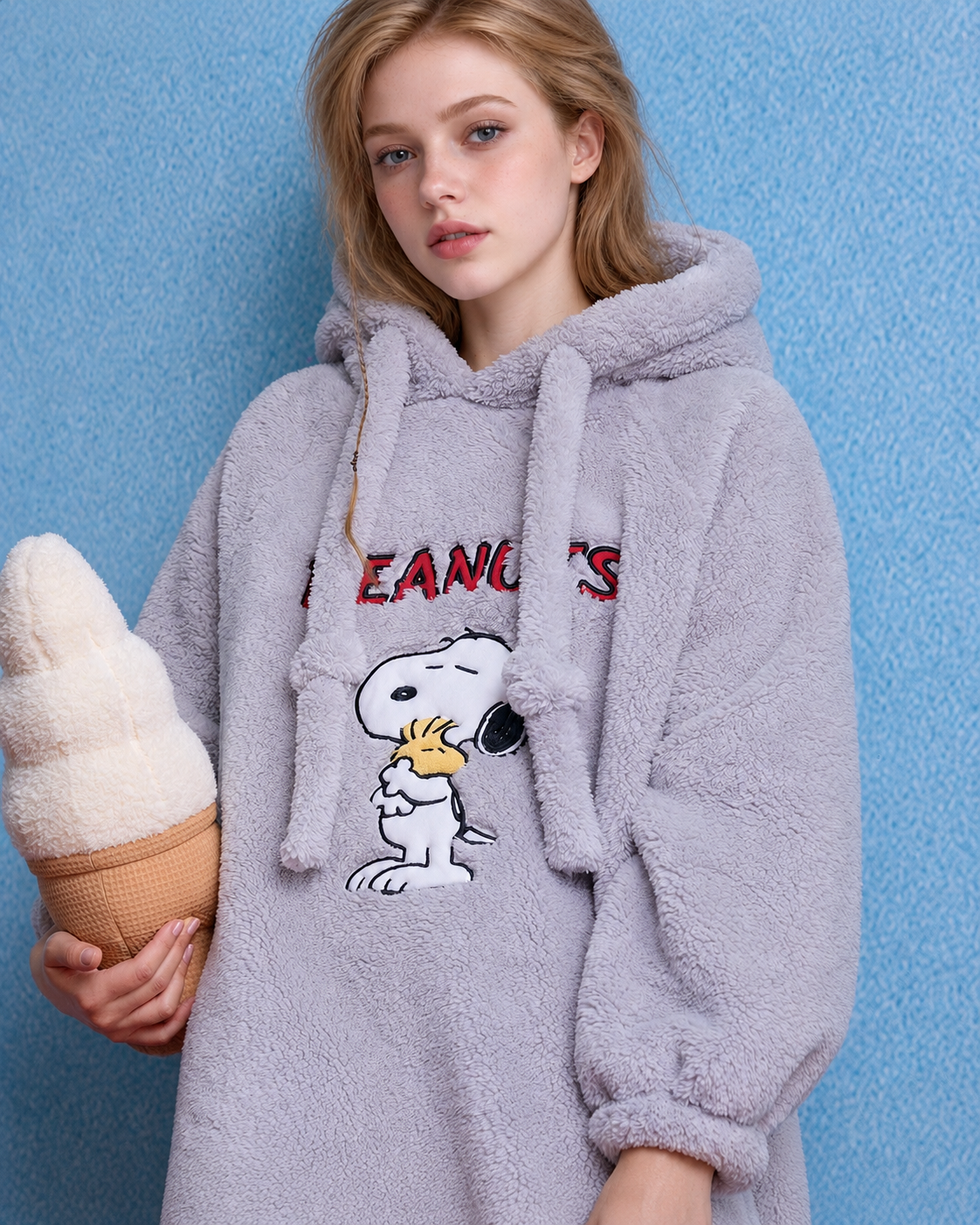 Snoopy hooded fleece one-piece pajamas – light gray front upper-body view with hood and chest appliqué - Roomden