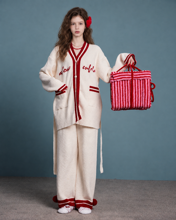 Contrast-Trim V-Neck Knit Pajama Set