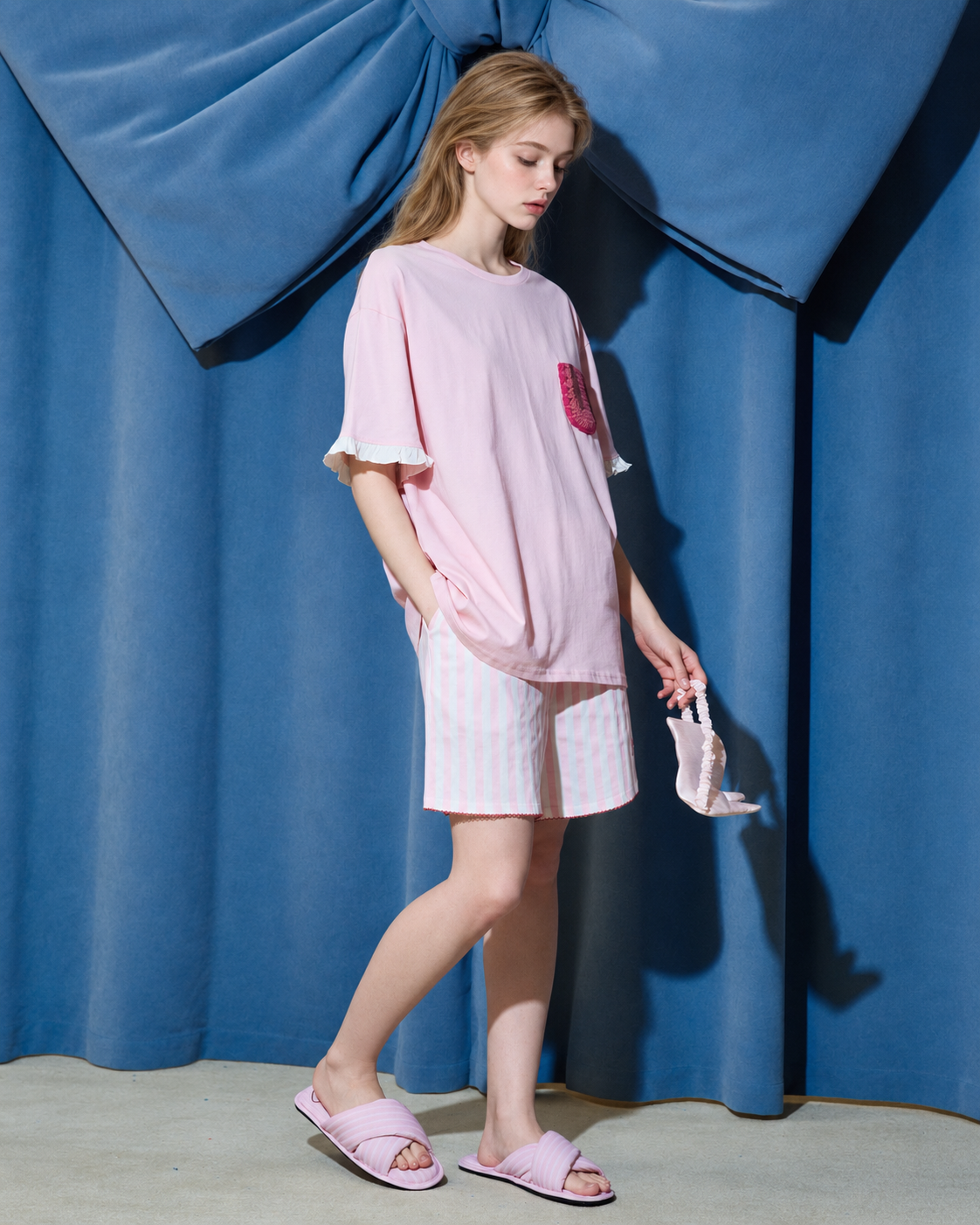 Flopnote Pink Rabbit-Pocket Cotton Pajama Set – side standing view showing the loose top and shorts - Roomden