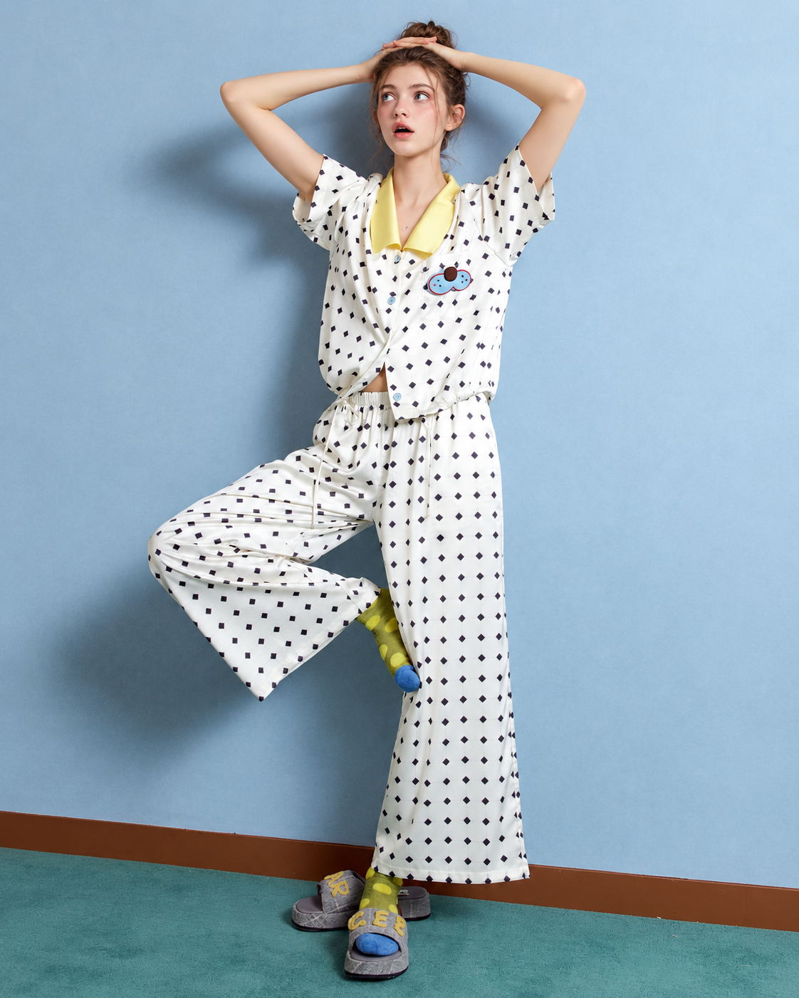 Lemonpause Short-Sleeve Pajama Set – ivory raised-arms and bent-leg pose - Roomden