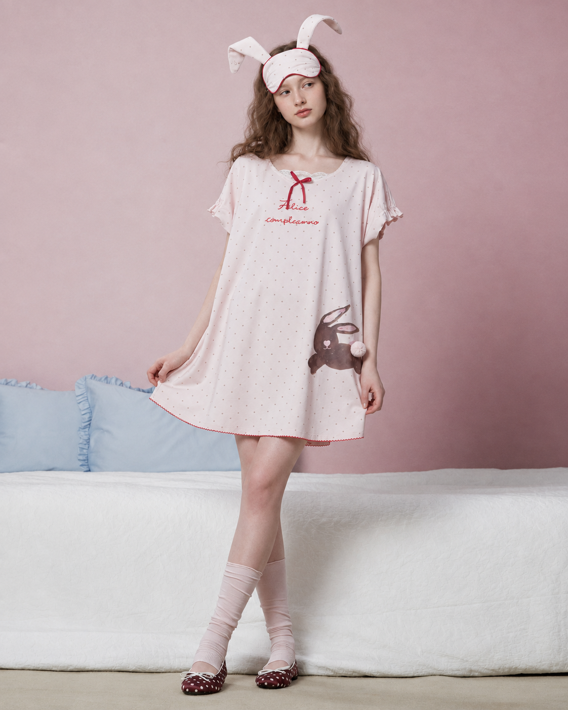 Bunny Print Cotton Blend Nightgown – blush pink full front view with raised hem - Roomden