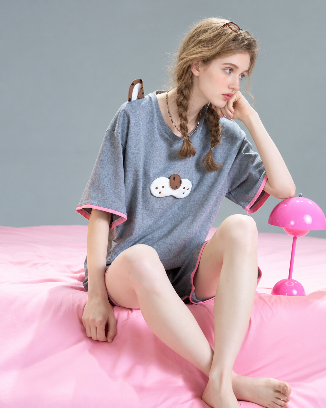 Cat Detail Short Pajama Set – gray seated view showing chest cat detail - Roomden