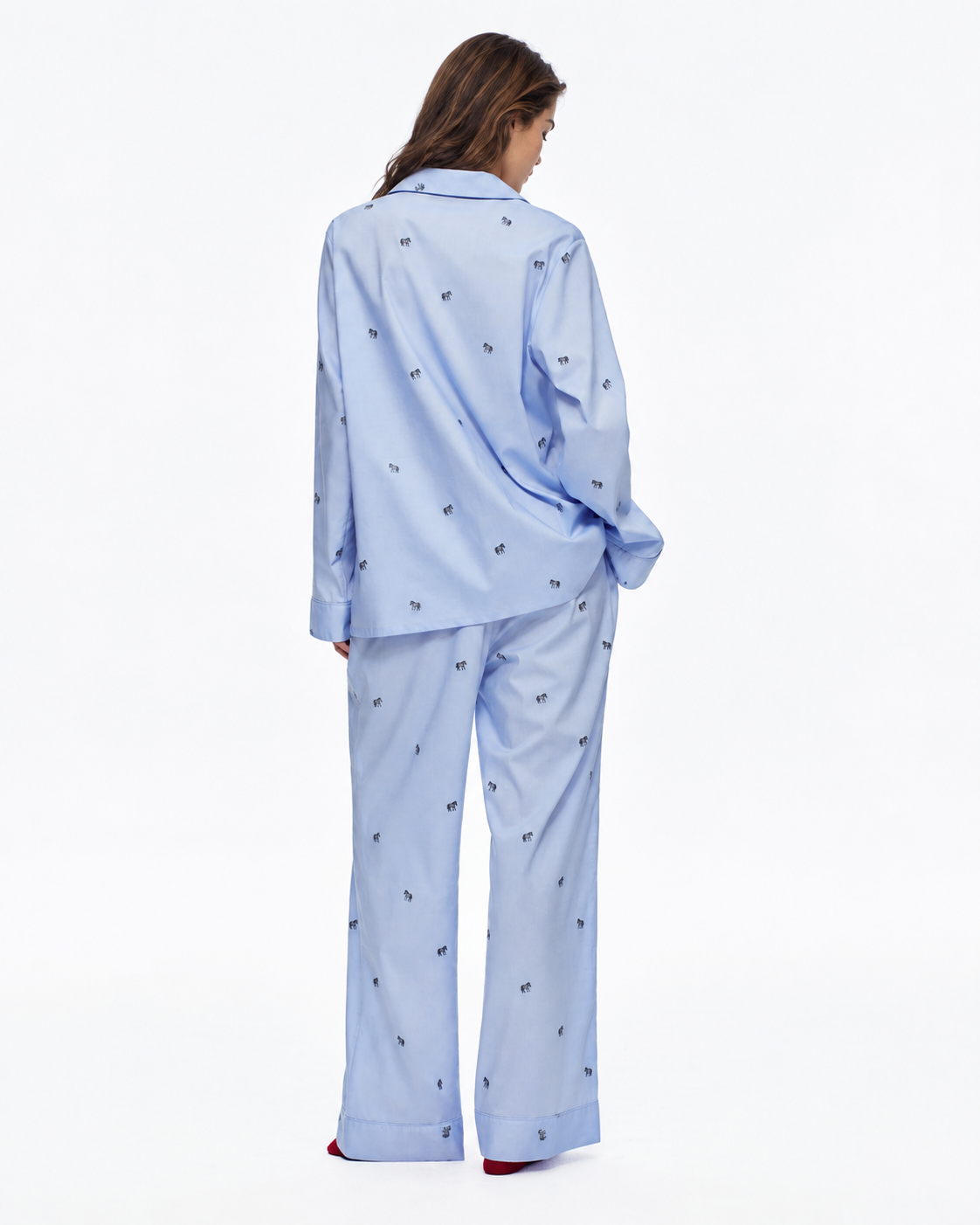 Animal-embroidered cotton pajama set in Sky Blue, back studio view - Roomden