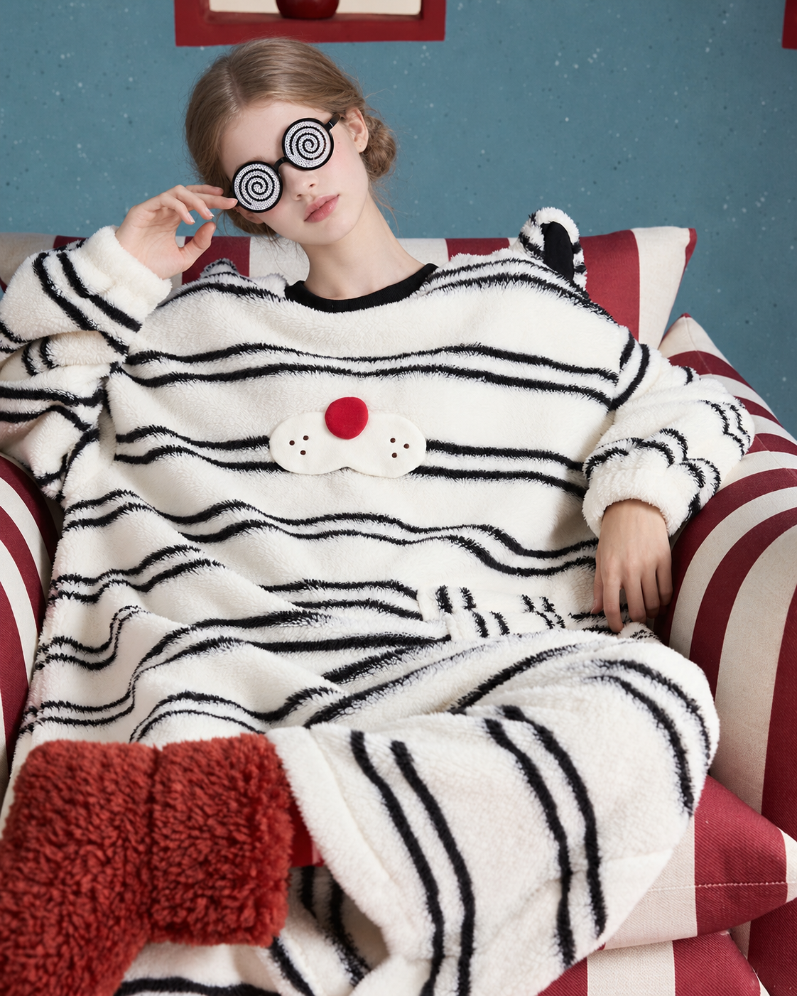 Whiskerbeat striped cat one-piece pajamas - seated view - Roomden