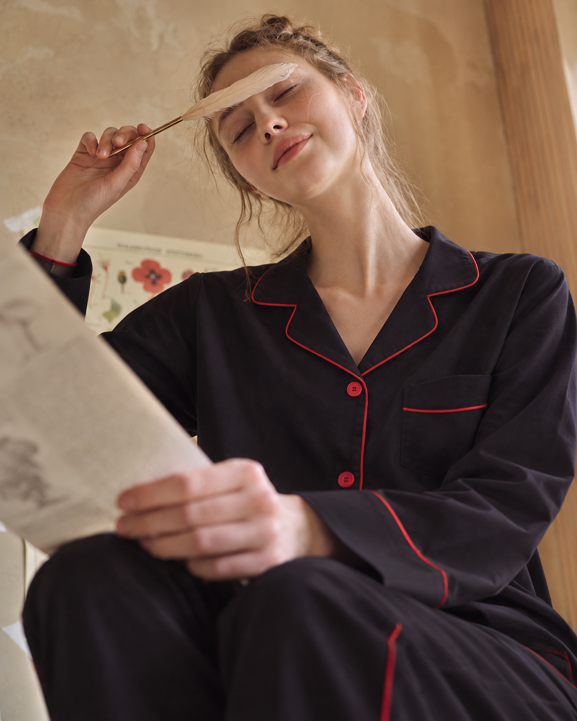Linehaven contrast-piped long pajama set in black, additional lifestyle view - Roomden