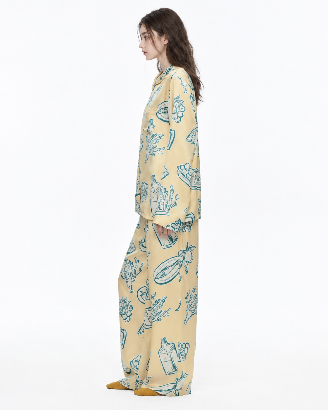 Food Sketch Viscose-Rayon Pajama Set – left side studio view - Roomden