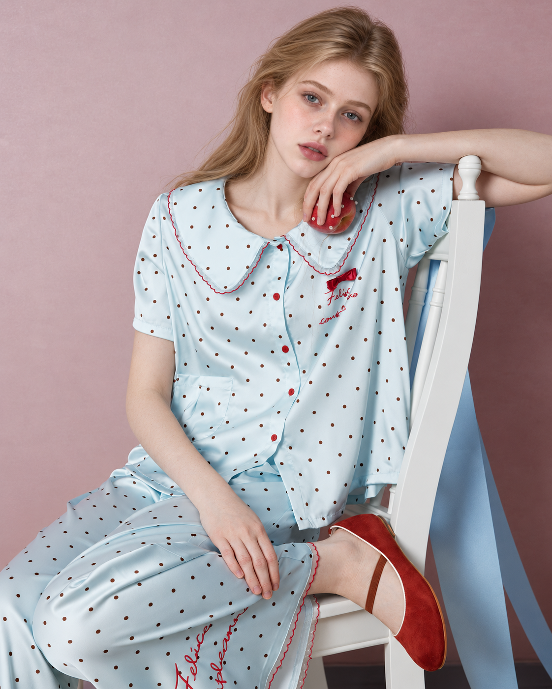 Polka Dot Pajama Set – Pale blue seated view showing collar and pant trim - Roomden