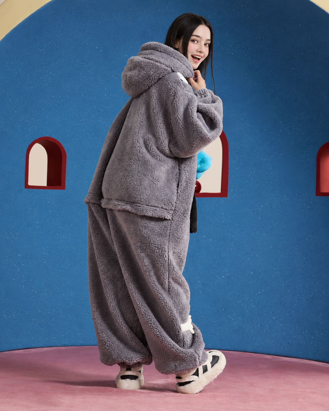 Dog-Face Hooded Fleece One-Piece Pajamas – gray full back view with hood and back flap - Roomden