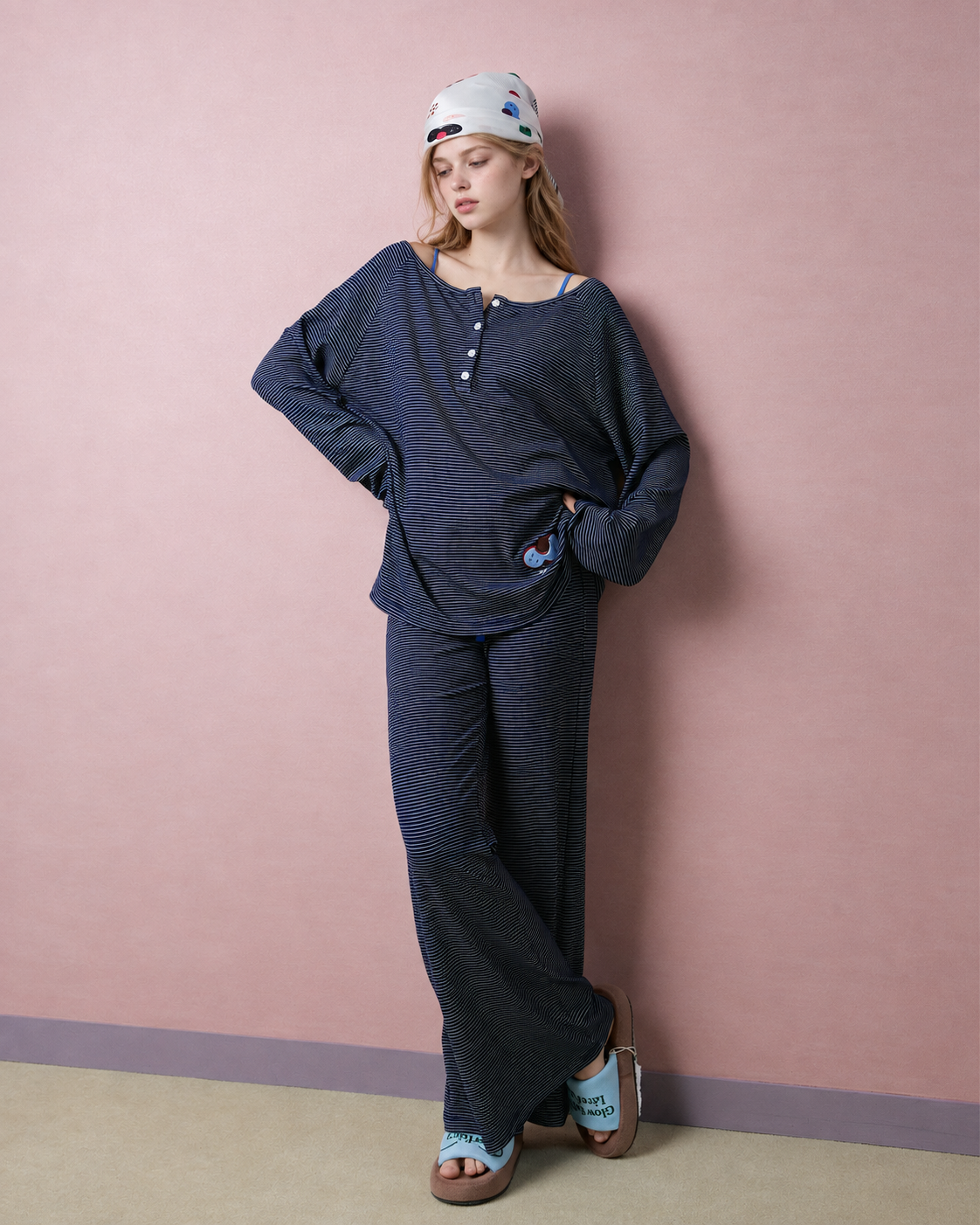 Striped Cat Embroidery Pajama Set – navy full-length front view - Roomden