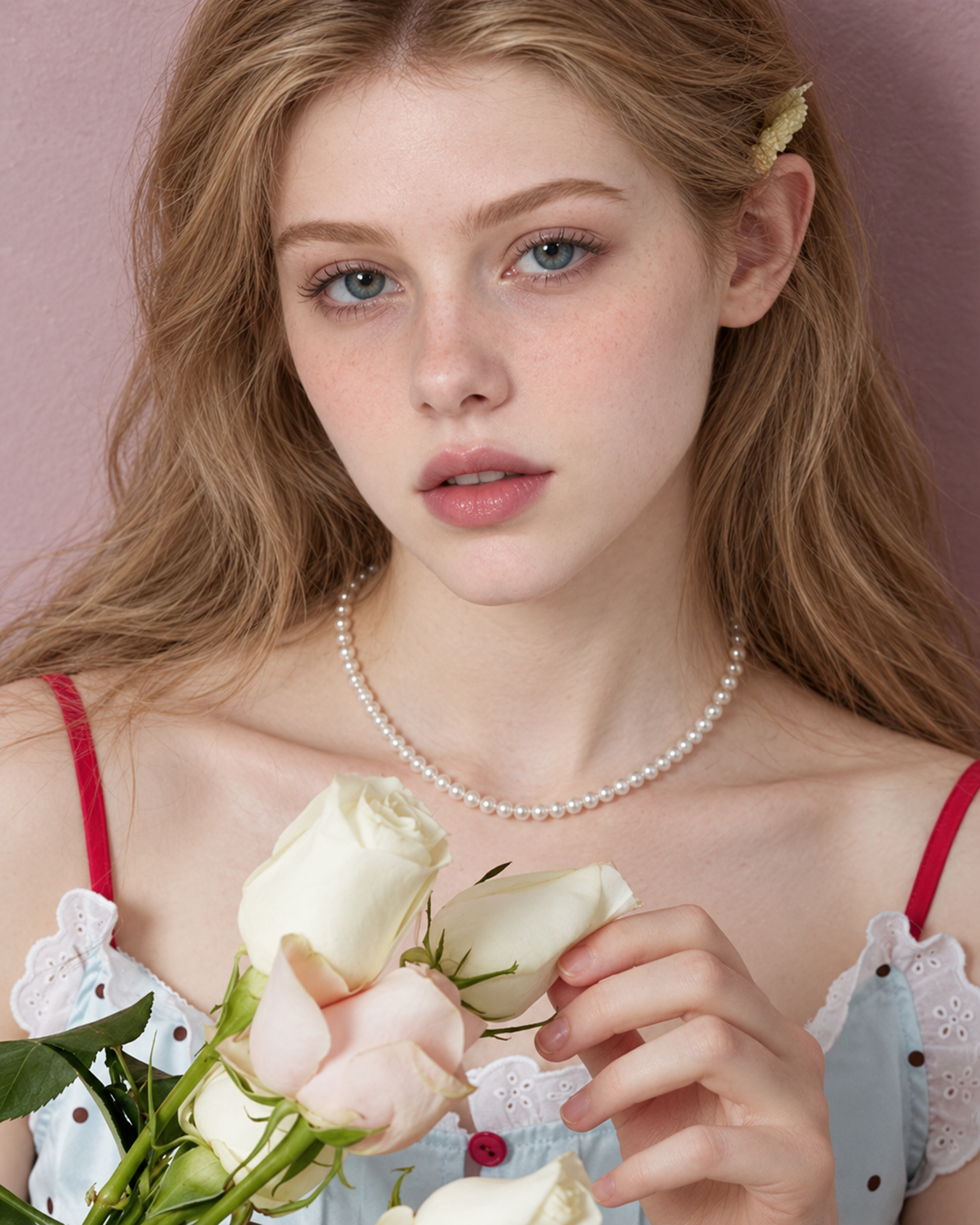 Close-up of red straps and white eyelet lace neckline with bouquet - Roomden